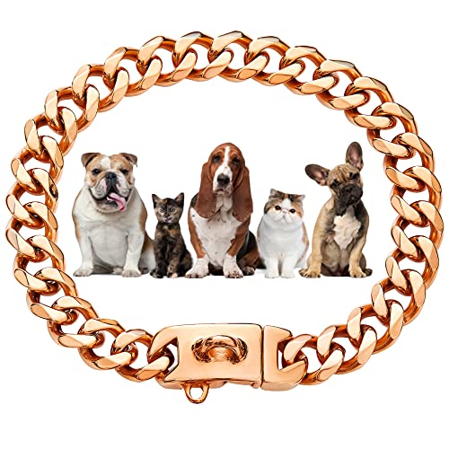 Hundehalsband mit Kette, 15 mm, 18 Karat Gold, kubanisches Glieder, mit sicherer Schnappschnalle, goldfarben, Metallhalsband für kleine mittelgroße Pitbull (15 mm, 55,9 cm) von W/W Lifetime