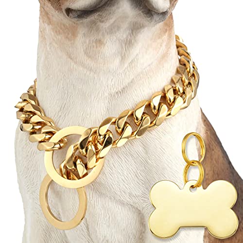 W/W Lifetime Choke Chain Dog Collar 15 mm Cuban Link Dog Chain for Pitbull Choke Collar 18 K Gold Metall Edelstahl Heavy Duty Slip Dog Halsbänder für kleine Hunde (19 mm, 45,7 cm) von W/W Lifetime