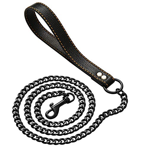 W/W Lifetime Black Chain Hundeleine Metall Kau Proof Blei 1,3m Langer 11mm Durchmesser Heavy Duty Haustier Leine Kette mit Leder gepolstertem Griff für große mittlere Hunde von W/W Lifetime