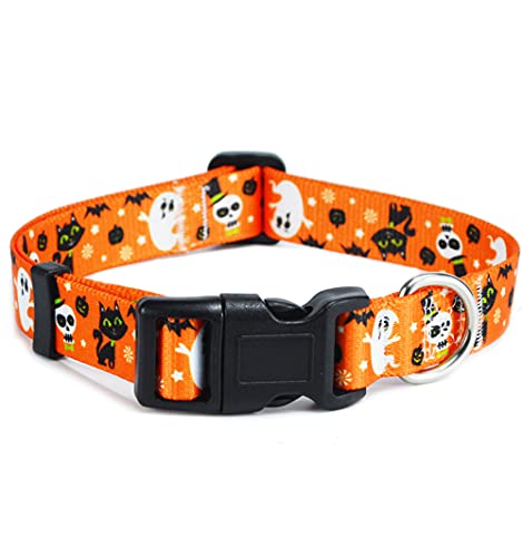 W&Z Halloween-Hundehalsband, verstellbar, strapazierfähig, weich, Ethno-Stil, für kleine, mittelgroße und große Hunde, Größe L: Halsumfang 37,8–63 cm, Breite 2,5 cm, Halloween-Orange von W&Z