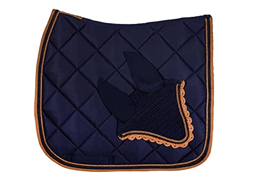 WAGNER Dressur Schabracke mit Fliegenhaube und Strass-Steinen BLAU-CARAMELL von Wagner