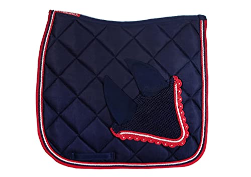 WAGNER Dressur Schabracke mit Fliegenhaube und Strass-Steinen BLAU-ROT von Wagner