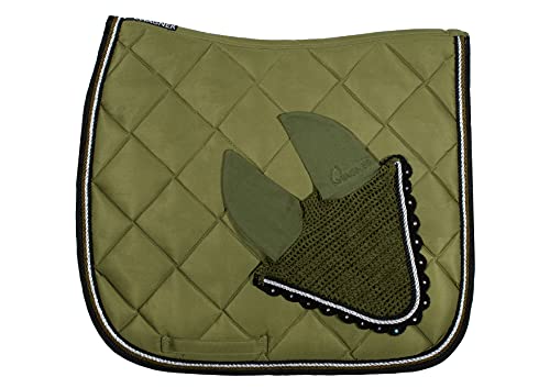 WAGNER Dressur Schabracke mit Fliegenhaube und Strass-Steinen Olive-SCHWARZ von Wagner