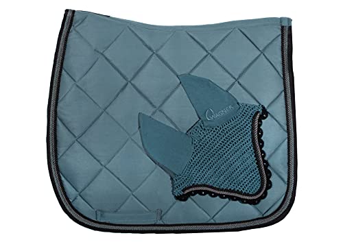 WAGNER Dressur Schabracke mit Fliegenhaube und Strass-Steinen Vintage BLAU-SCHWARZ von Wagner