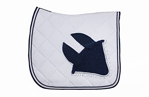 WAGNER Dressur Schabracke mit Fliegenhaube und Strass-Steinen Weiss-BLAU von Wagner