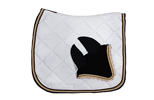WAGNER Dressur Schabracke mit Fliegenhaube und Strass-Steinen Weiss-Gold von Wagner
