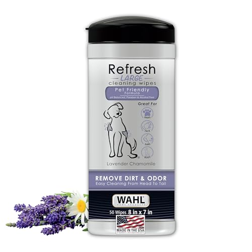 WAHL 0043917820187 Pet Refresh Lavendel Reinigungstücher für alle Hunderassen – Verwendung an Ohren, Nase, Pfoten, Pfoten und empfindlichen Bereichen – 50 Tücher von Wahl