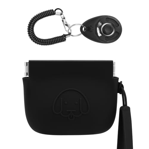 WALLFID Leckerli-Tasche aus Silikon, automatischer Verschluss, mit Haustier-Trainings-Clicker, Wandertasche für Hund und Katze, Taschenformat, leicht zu reinigen, geruchlos, Reisetasche (schwarz) von WALLFID