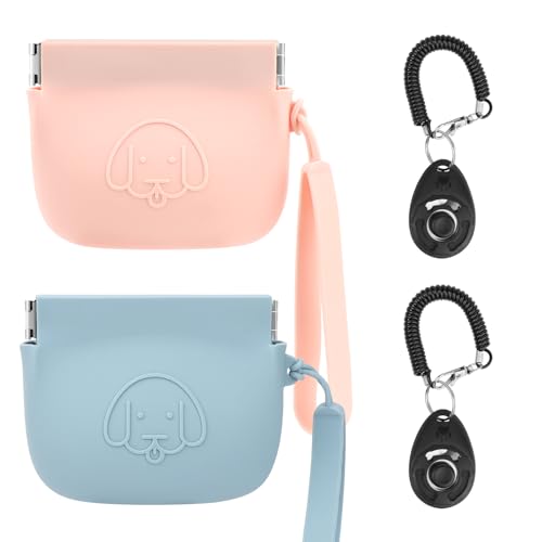 WALLFID Silikon-Leckerli-Beutel, kleiner Beutel, automatischer Verschluss, mit Klicker, für Hunde und Katzen, Taschengröße, leicht zu reinigen, geruchlos (Blau und Pink) von WALLFID