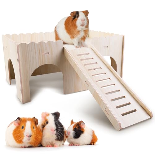 WANDGU Groß Meerschweinchen Haus mit Rampe 4 Eingänge: 38 x 24 x 24 cm Hölzerne Kaninchen Burg, Meerschweinchen Zubehoer Kaninchenhaus, Meerschweinchenschloss Naturbelassenes Massivholz für Ratte von WANDGU