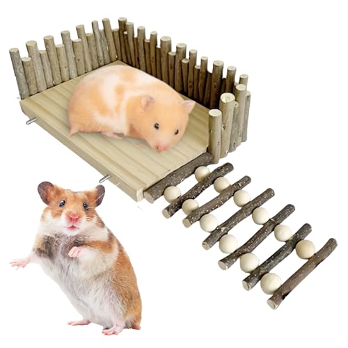 WANDGU Hamsterplattform Kletterzubehör: Hamster Plattform mit Kletterleiter, Hamster-Klettergerüst aus Holz mit Zaun, Hamster Holzplattform mit Leiter für Parror, Rennmaus, Eichhörnchen, Ratte von WANDGU