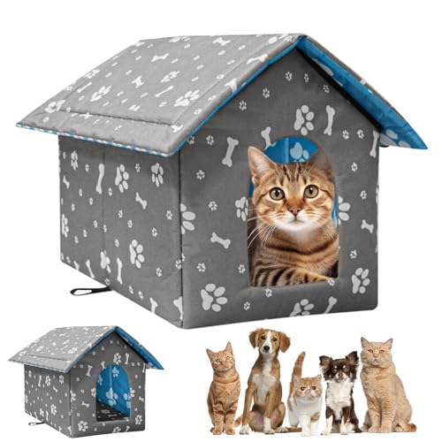 WANDGU Katzenhaus Für Draußen Wasserdicht: 40x38x35cm Winterfeste Outdoor-Hütte, Belüftetes Haustierhaus Mit Sonnenschutz Und Faltbare Outdoor-Katzenhöhle, Für Kleine Hunde und Katzen (Grau) von WANDGU