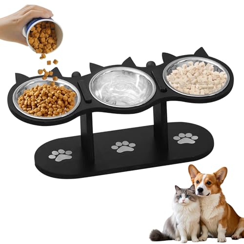 WANDGU Katzennapf Erhöht: Futterstation Katzen mit 3 Edelstahl Schüsseln & Holzständer – Höhenverstellbare Ergonomische Fressnapf-Lösung für Katzen und Kleine Hunde, 15° Gekippte Anti-Erbrechen-Design von WANDGU