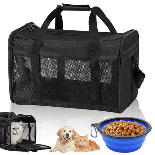 WANDGU Transportbox Katze Hund Katzentransportbox: 42 x 27 x 28cm Katzen Transportboxen Faltbar mit Hundenapf, Tragbar Hundetransportbox, Transportbox für Haustiere von WANDGU