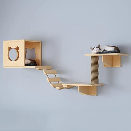 WANGJIANPENGPL Kletterwand Katzen aus Holz, Katzenmöbel Wand Set, mit 1 Haus, 1 Weichen Leiter, 2 Sprungplattformen und 1 Sisalsäule von WANGJIANPENGPL