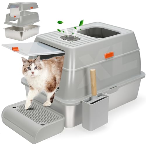 WANTRYAPET Katzentoilette aus Edelstahl mit Deckel, geschlossene abgedeckte Katzentoilette für große Katzen, hohe Seiten, extra groß, Anti-Auslauf, doppelter Eingang, XL, Grau WANTRYAPET Katzentoilette aus Edelstahl mit Deckel, geschlossene abgedeckte Katzentoilette für große Katzen, hohe Seiten, extra groß, Anti-Auslauf, doppelter Eingang, XL, Grau von WANTRYAPET