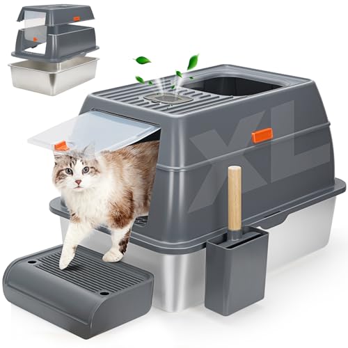 WANTRYAPET Katzentoilette aus Edelstahl mit Deckel, geschlossene abgedeckte Katzentoilette für große Katzen, hohe Seiten, extra groß, Anti-Auslauf, doppelter Eingang, XLDunkelgrau WANTRYAPET Katzentoilette aus Edelstahl mit Deckel, geschlossene abgedeckte Katzentoilette für große Katzen, hohe Seiten, extra groß, Anti-Auslauf, doppelter Eingang, XLDunkelgrau von WANTRYAPET