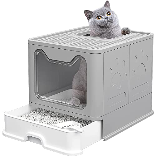 Katzenklo, Katzentoilette, mit Deckel, ausziehbares Tablett, geräumig für Katzen bis 15 kg (Grau) von WANZHE