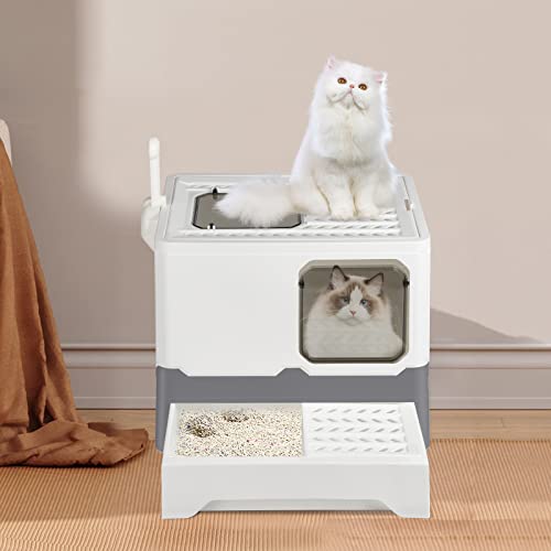 Katzentoilette große Katzentoilette mit Deckel, große Katzentoilette faltbar mit Schublade und Schaufel, WC für Katzen (Off-White, 45 x 35 x 38 cm) von WANZHE