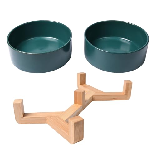WAONIQ Keramik Katzennapf, Hundenapf, Zwei Schüsseln 400 ml/13,5 oz Futternapf mit Holzständer, rutschfest für Hauskatzen und Hunde von WAONIQ