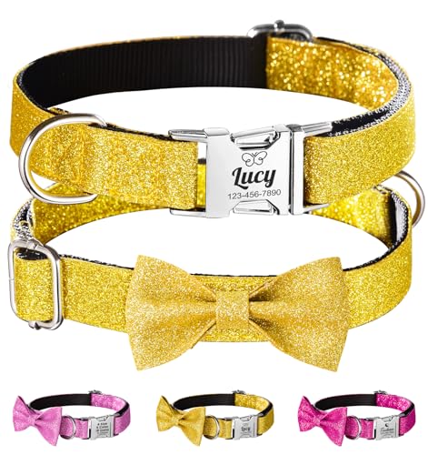 Bling Girl Hundehalsband mit Fliege, glitzerndes goldfarbenes Hundehalsband für kleine, mittelgroße und große Hunde, gravierter Name und Telefonnummer, Haustierhalsband mit Schnellverschluss und Bling Girl Hundehalsband mit Fliege, glitzerndes goldfarbenes Hundehalsband für kleine, mittelgroße und große Hunde, gravierter Name und Telefonnummer, Haustierhalsband mit Schnellverschluss und von WASHNN