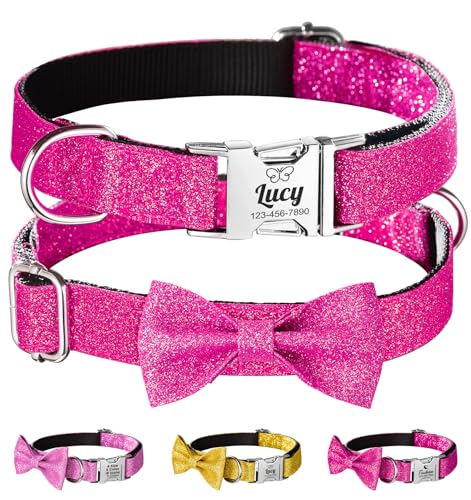 Hundehalsband für Mädchen, mit Fliege, glitzernd, rosarot, für kleine, mittelgroße und große Hunde, gravierter Name und Telefonnummer, Haustierhalsband mit Schnellverschluss und Metallschnalle Hundehalsband für Mädchen, mit Fliege, glitzernd, rosarot, für kleine, mittelgroße und große Hunde, gravierter Name und Telefonnummer, Haustierhalsband mit Schnellverschluss und Metallschnalle von WASHNN
