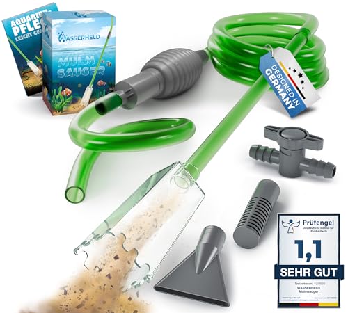 WASSERHELD - Mulmsauger Aquarium mit 3 Aufsätzen - Aquarium Wasserwechsel [3M Schlauch] - Aquarium Reinigungsset & Aquarium Sauger für Kies und Sand mit Schlauchventil - Aquarium Zubehör inkl. Buch von WASSERHELD