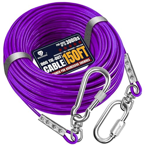 Auslaufseil für Hunde bis zu 136 kg, 45,7 m, extra stark, 453,6 kg, Bruchfestigkeit, Spanngurt, Trolley, Trainingsleine, Hunde-Laufkabel für Hof, Garten, Park, Camping, draußen (lila, 136 kg, 45,7 m) von WATFOON