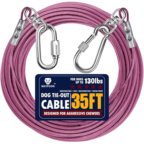 Hundeleinen für Hof, 10,7 m, 13,7 m, 16,8 m, 19,8 m, 22,9 m, 25,9 m, Kabelläufer, Stahlspanner, robuster Haltegurt, kaufest, lange Hundeketten für draußen, Camping, Park (Rosa, 10,7 m) von WATFOON