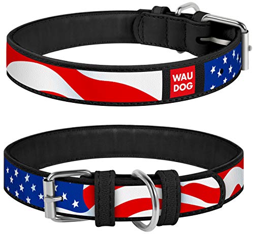WAUDOG Design Leather Dog Collar for Puppy Small Medium and Large Dogs Stars and Stripes - Boy & Girl Leather Dog Collar - Leather Buckle Dog Collar (7 1/5" - 9 2/5" Neck 1/2" Wide, Black) von WAUDOG