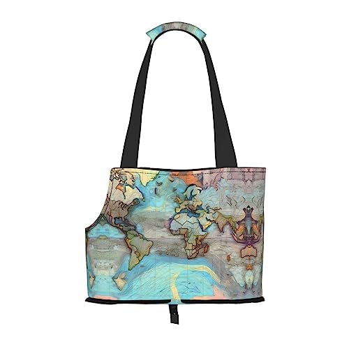 Cartoon-Weltkarten-Motiv, Haustier-Ausgehtasche, leichte Reise-Katzentasche, atmungsaktive Umhängetasche für kleine Hunde Cartoon-Weltkarten-Motiv, Haustier-Ausgehtasche, leichte Reise-Katzentasche, atmungsaktive Umhängetasche für kleine Hunde von WBQLSL
