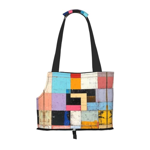 Haustier-Umhängetasche mit geschwungenen farbigen Quadraten, faltbares Design, Reisetasche für kleine Katzen und Hunde von WBQLSL