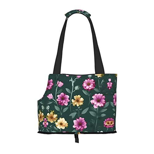 Schöne lila Blumen bedruckte Haustier-Umhängetasche – faltbares Design, kleine Katzen- und Hunde-Reisetasche von WBQLSL