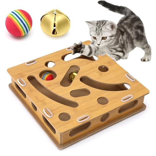 Katzen-Puzzle-Spielzeug, interaktives Katzenspielzeug für Indoor-Katzen mit Glockenball und Regenbogenball, Holz-Katzenspielzeug mit Löchern für Katzen zum Spielen, Katzen-erstaunliche Katzen-Puzzle-Spielzeug, interaktives Katzenspielzeug für Indoor-Katzen mit Glockenball und Regenbogenball, Holz-Katzenspielzeug mit Löchern für Katzen zum Spielen, Katzen-erstaunliche von WBTK