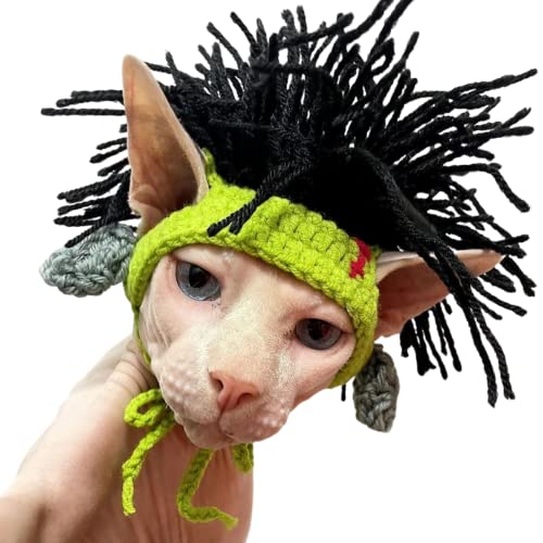 Gestrickter Katzenhut mit Dreadlocks – Wollmütze, coole Perücke, Katzen-Cosplay-Kopfbedeckung, Welpen, Halloween-Kostüm, Party-Zubehör, Grün, Größe M (3 kg – 7 kg) von WCDJOMOP