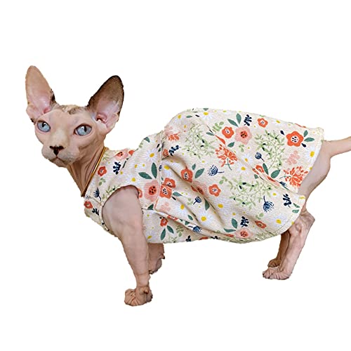 Haarlose Katzenkleidung – atmungsaktives Baumwollkordkleid für Frühling und Herbst mit Blumendruck, Rock, elegantes, romantisches Mädchenweste, weiches Träger-Tanktop für Sphynx, Cornish Rex, Devon von WCDJOMOP