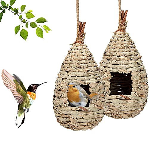 2 Stück Gras Bird Nest, Vogelnest Gras, Handgewebte Vogelhäuser, Verschleißfest Hängender Vogelnest, Handgewebte Vogelhütte Gras Bird Nest, für Wellensittich Meise, Kanarienvogel, Amsel (11.5x22 cm) von CaiYuanGJ