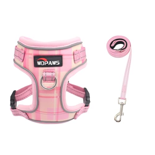 WDPAWS Hundegeschirr und Leine, kein Ziehen, reflektierendes Karomuster, verstellbar und bequem, mit D-Ring an der Vorderseite, für kleine und mittelgroße Hunde (Größe S, Rosa kariert) von WDPAWS