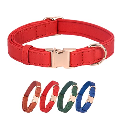 WDPAWS Hundehalsband, Leder, weiches PU mit Neopren-Innenseite, Schnellverschluss, goldfarbene Metallschnalle für mittelgroße Hunde (M, Rot) von WDPAWS