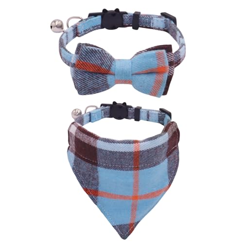 WDPAWS Katzenhalsband, mit Fliege und Bandana, 2 Stück, rot, blau, kariert, Urlaub, Kätzchenhalsband mit Glöckchen, abnehmbare Fliege, Bandana, Katzenhalsband für Katzen, Kätzchen (S, blaues von WDPAWS
