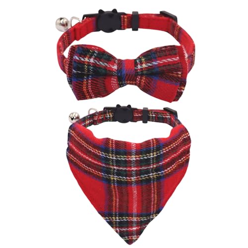 WDPAWS Katzenhalsband, mit Fliege und Bandana, 2 Stück, rot, blau, kariert, Urlaub, Kätzchenhalsband mit Glöckchen, abnehmbare Fliege, Bandana, Katzenhalsband für Katzen, Kätzchen (S, rotes von WDPAWS