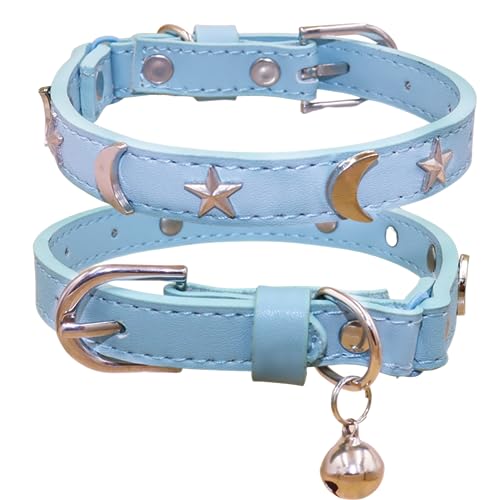 WDPAWS Leder-Katzenhalsbänder mit Glöckchen und elastischem Sicherheitsgurt, Mond und Sterne, verstellbar, für Katzen und Kätzchen, Mädchen, Jungen, Größe 19,1–25,4 cm, Hellblau von WDPAWS