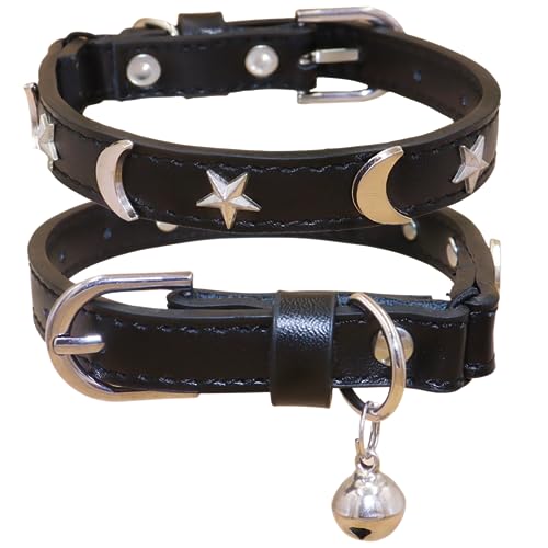 WDPAWS Leder-Katzenhalsbänder mit Glöckchen und elastischem Sicherheitsgurt, Mond und Sterne, verstellbar, für Katzen und Kätzchen, Mädchen, Jungen, Größe 19,1–25,4 cm, Schwarz von WDPAWS