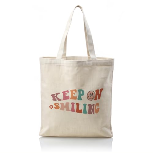 Keeping on Smiling Canvas-Tragetaschen, wiederverwendbare Stoff-Baumwoll-Tragetasche, ästhetische Leinen-Tragetasche für Damen, lässige Baumwoll-Tragetasche für Lebensmittel, Shopping, Strand und den von WDSXWH