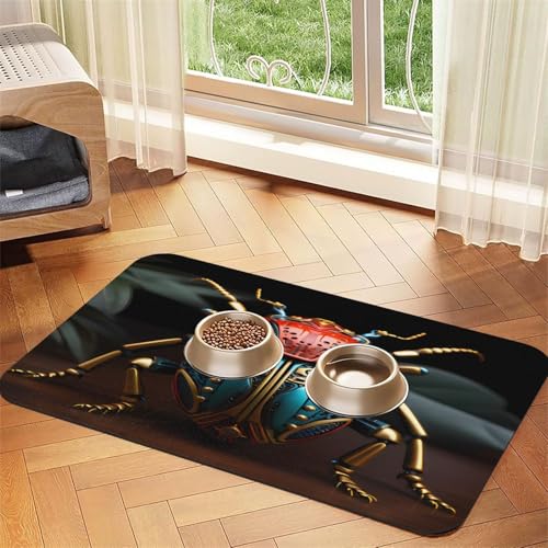 Bunte Käfer-Futtermatte, 43,7 x 30 cm, saugfähig, rutschfest, PU-Leder, Futtermatte für Hunde und Katzen, Gummiunterseite, schnell trocknend, rollbar, Haustiernapf-Platzdeckchen von WDXQHY