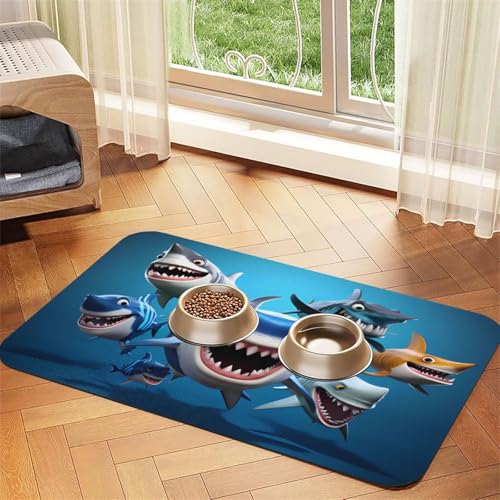 Cartoon Sharks Futtermatte für Haustiere, 60 x 40 cm, saugfähig und rutschfest, aus Kunstleder, mit Gummi-Unterseite, schnell trocknend Cartoon Sharks Futtermatte für Haustiere, 60 x 40 cm, saugfähig und rutschfest, aus Kunstleder, mit Gummi-Unterseite, schnell trocknend von WDXQHY