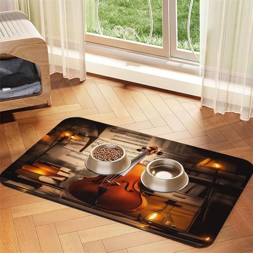 Cello und Notenblätter Haustierfuttermatte, 60 x 40 cm, saugfähig, rutschfest, PU-Leder, Futtermatte für Hunde und Katzen, Gummiunterseite, schnell trocknend, rollbar, Tischset von WDXQHY