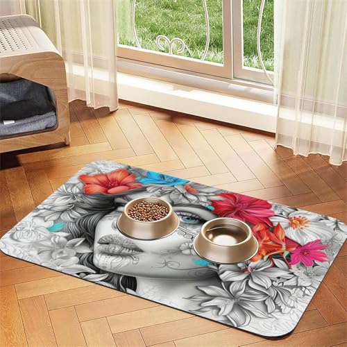 Futtermatte mit Blumenmotiv, saugfähig, rutschfest, PU-Leder, Gummiunterseite, schnell trocknend, rollbar, 60 x 40 cm Futtermatte mit Blumenmotiv, saugfähig, rutschfest, PU-Leder, Gummiunterseite, schnell trocknend, rollbar, 60 x 40 cm von WDXQHY
