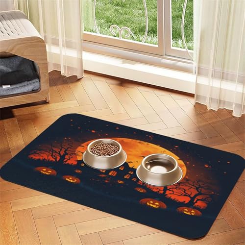 Futternapf-Matte mit Vollmond und Spukhaus, 43,7 x 30 cm, saugfähig, rutschfest, PU-Leder, Futtermatte für Hunde und Katzen, Gummiunterseite, schnell trocknend, rollbar, Tischset Futternapf-Matte mit Vollmond und Spukhaus, 43,7 x 30 cm, saugfähig, rutschfest, PU-Leder, Futtermatte für Hunde und Katzen, Gummiunterseite, schnell trocknend, rollbar, Tischset von WDXQHY