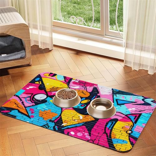 Graffiti-Wandkunst-Haustierfuttermatte, 60 x 40 cm, saugfähig, rutschfest, PU-Leder, Futtermatte für Hunde und Katzen, Gummiunterseite, schnell trocknend, rollbar, Haustiernapf, Tischset Graffiti-Wandkunst-Haustierfuttermatte, 60 x 40 cm, saugfähig, rutschfest, PU-Leder, Futtermatte für Hunde und Katzen, Gummiunterseite, schnell trocknend, rollbar, Haustiernapf, Tischset von WDXQHY
